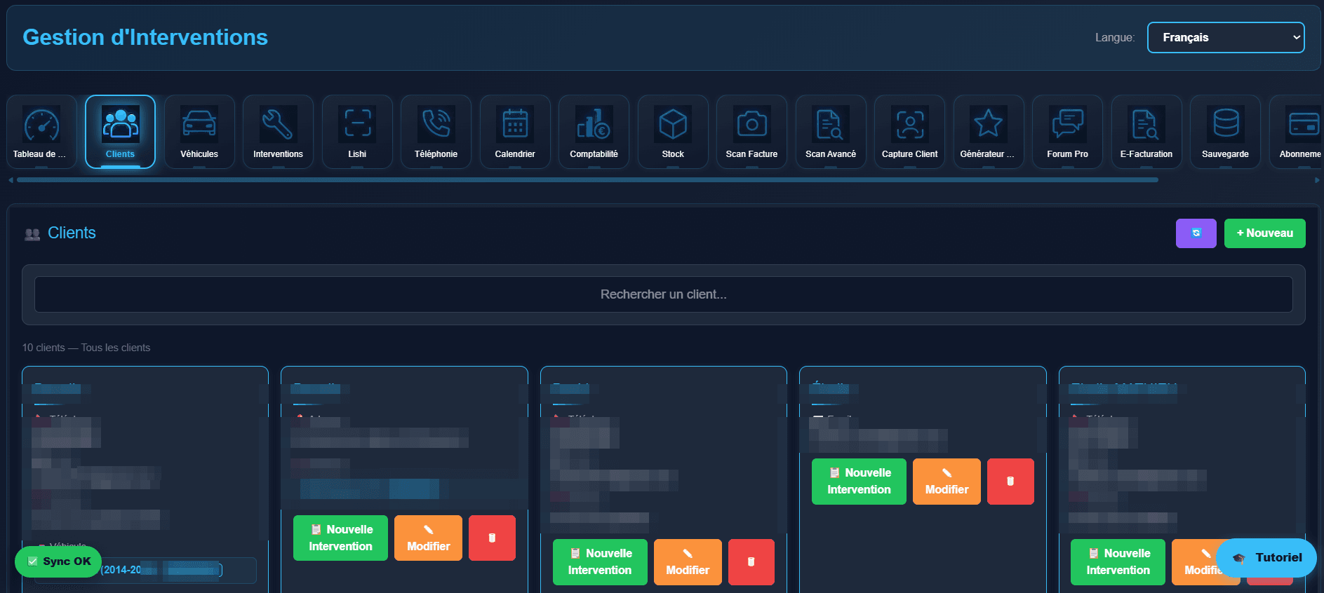 Fiches clients et accès rapide aux interventions.